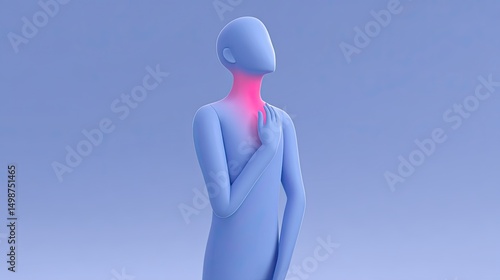 3D Abstract Character Touching Throat with Red Neck Highlight Indicating Sore Throat in Medical Concept on Clean Gradient Background