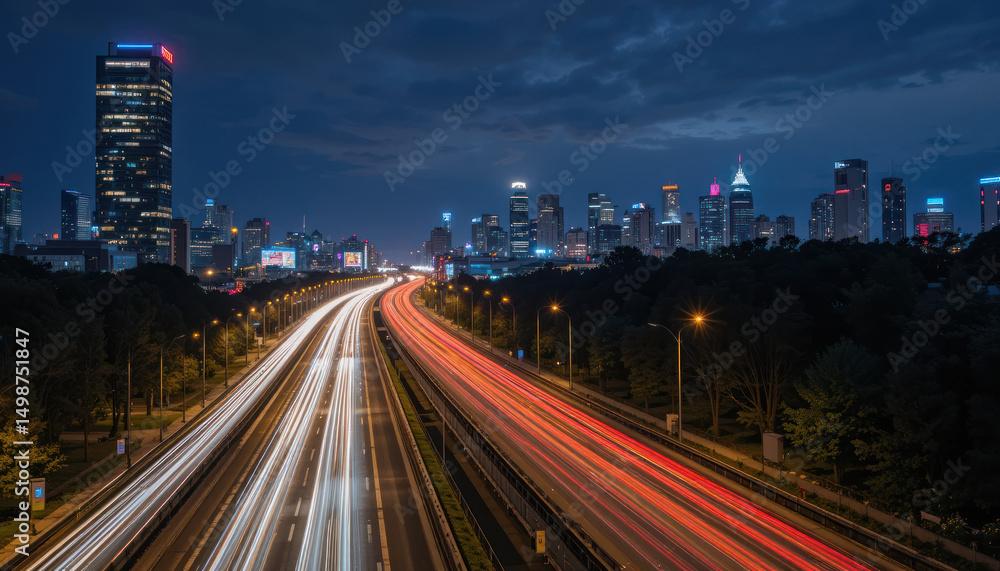 Fototapeta premium City Traffic At Night With Illuminated Buildings And Light Trails On Highway