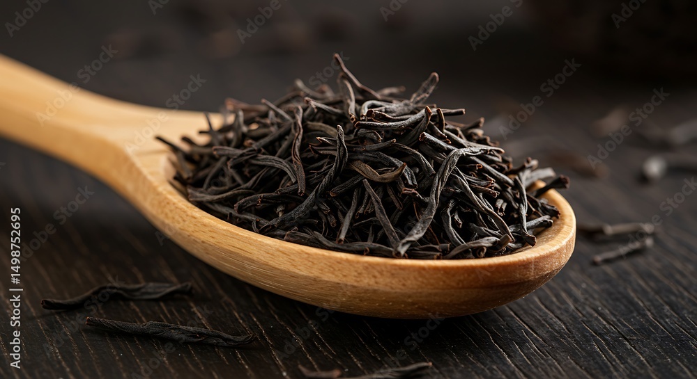 Fototapeta premium Dark Tea Leaves in Wooden Spoon: Rich, Rustic Still Life