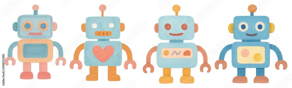 Fototapeta premium PNG Colorful whimsical robot illustrations, element set on transparent background