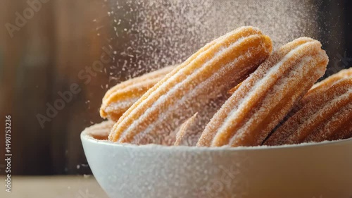 Crispy Churros Dusting Sugar Close-Up on Wooden Table Surface