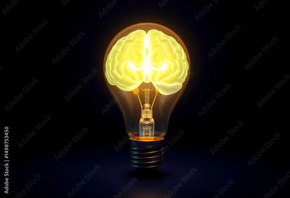 Glowing brain inside light bulb, dark blue background, business, lamp Glowing brain inside light bulb, dark blue background, business, lamp