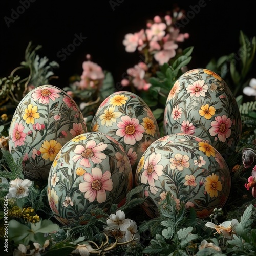 Wallpaper Mural Five decorative eggs with intricate floral patterns surrounded by lush green leaves and small blooming flowers in a dark background Torontodigital.ca