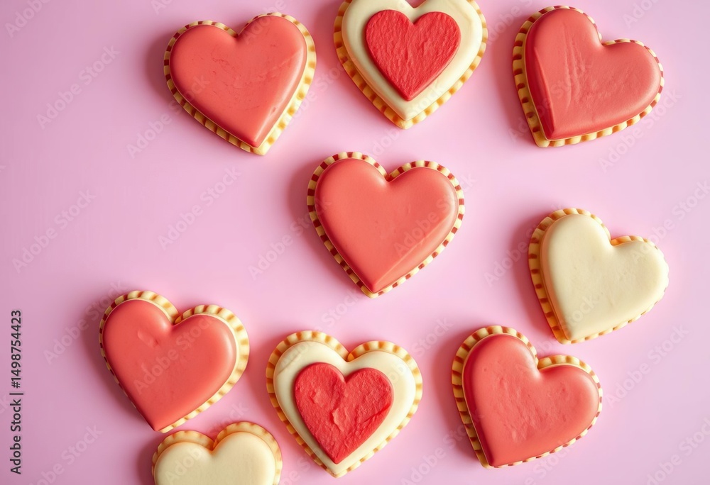 Flat lay of heart-shaped cookie cakes on pink background , pastel, baking