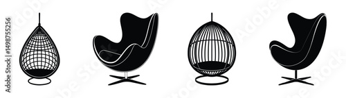  Egg chair silhouette vector set isolated on white background.