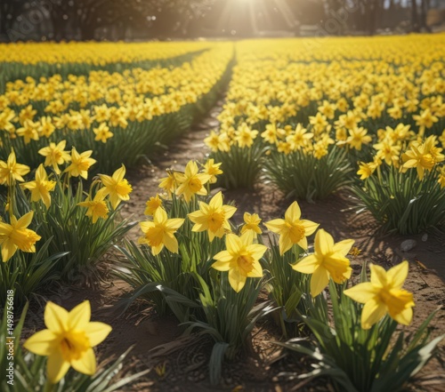 Glistening daffodil blossoms, a sea of yellow in a sun-drenched field , daffodils, photography