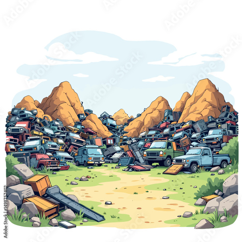 Vsai junkyard forming mountains of scrapped cars and trucks under blue sky