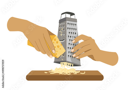 Grating cheese with a hand-held grater on a wooden cutting board  