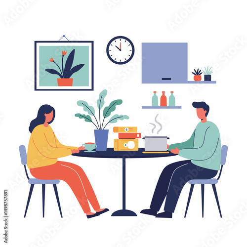 Young couple enjoying meal together at dining table in modern kitchen - Concept of travel  