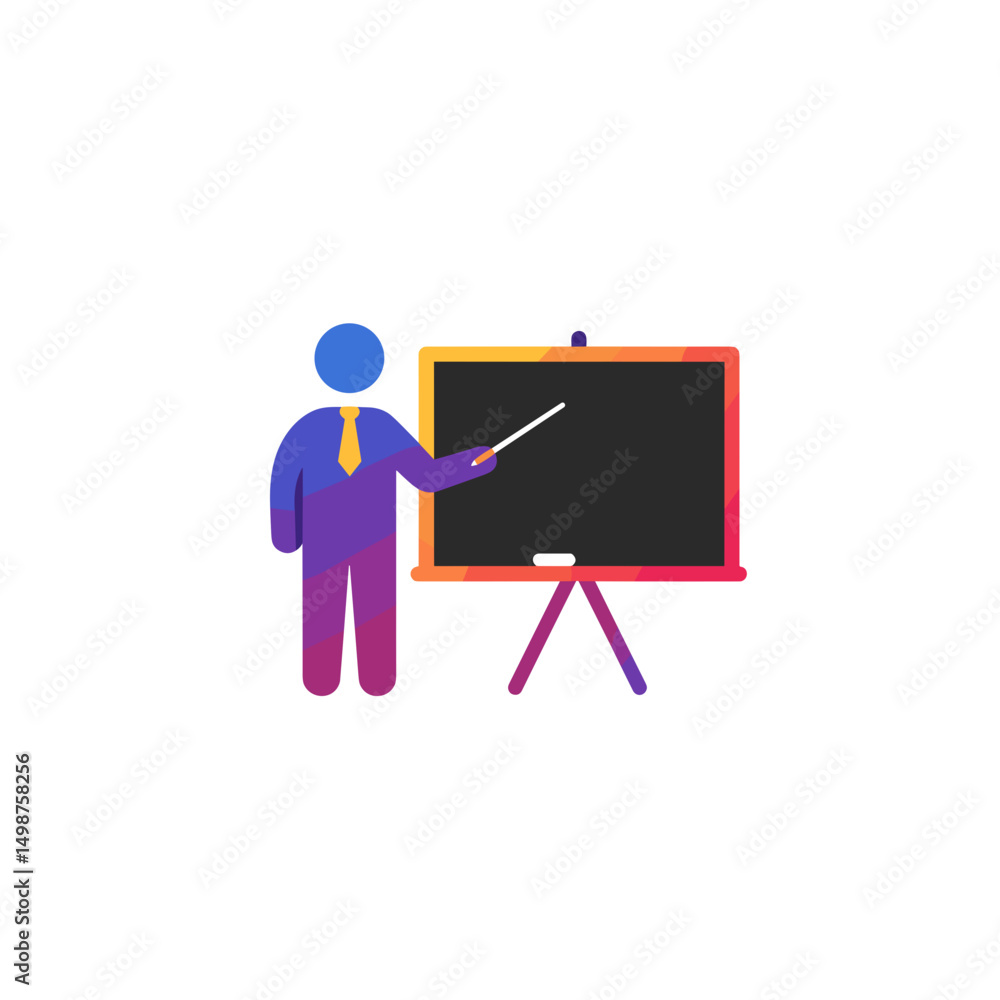 Teacher presenting information with pointer at a chalkboard  