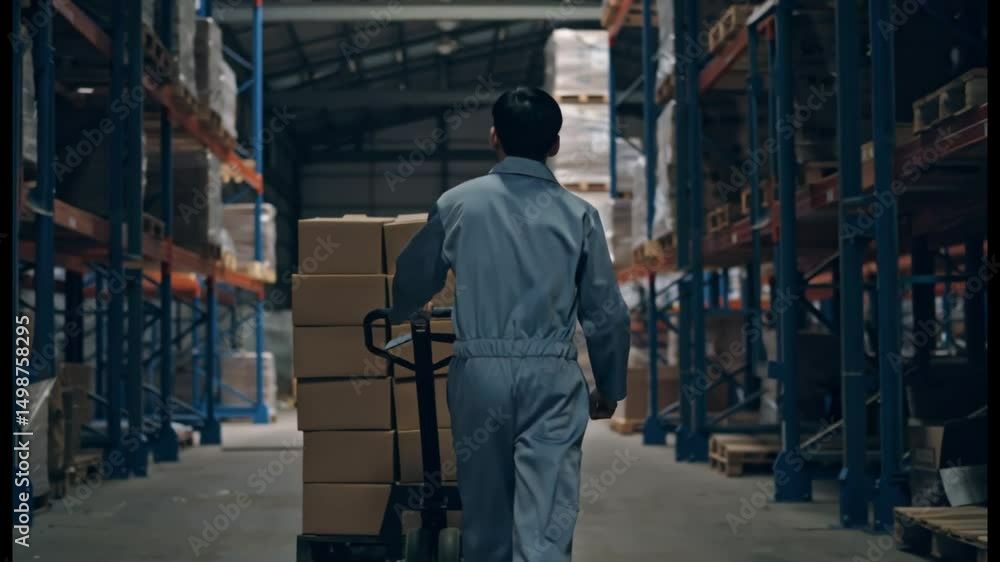 Asian man loader pushing a cart with boxes in a warehouse for storage and logistics
Asian man loader pushing a cart with boxes in a warehouse for storage and logistics