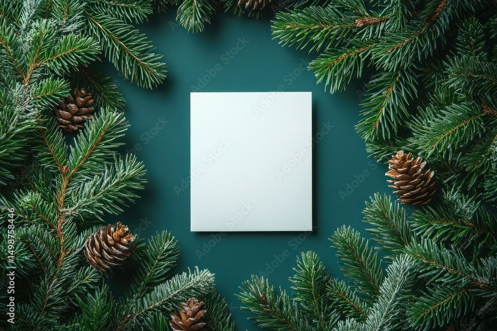 Fototapeta premium Square blank white card surrounded by green pine branches and pine cones on dark teal background