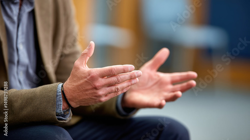 Closeup of person gesturing with hands during conversation or discussion indoor setting, showing expressive hand movements and body language, conveying emphasis or explanation, with blurred