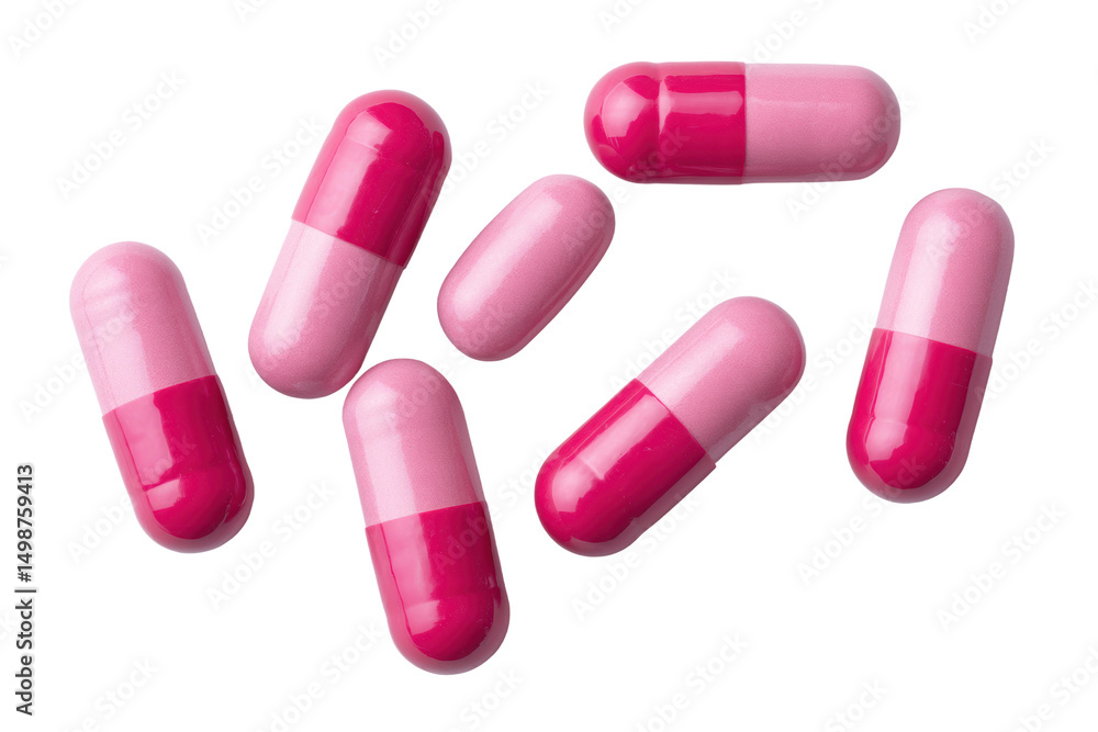 Red and pink capsules on white background - medication and healthcare concept, cut out Red and pink capsules on white background - medication and healthcare concept, cut out