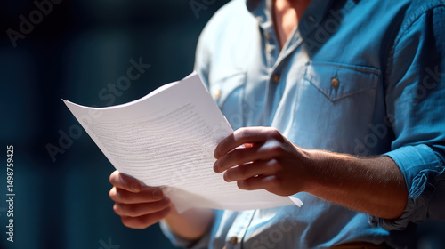 Person reading script or document outdoors, wearing blue shirt, with focus on hands and paper, conveying concentration and engagement in professional or casual setting