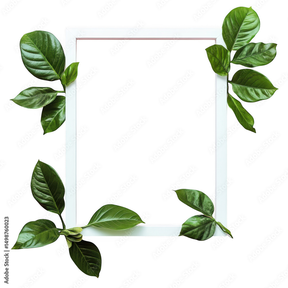 Fototapeta premium White frame with green leaves isolated on transparent background