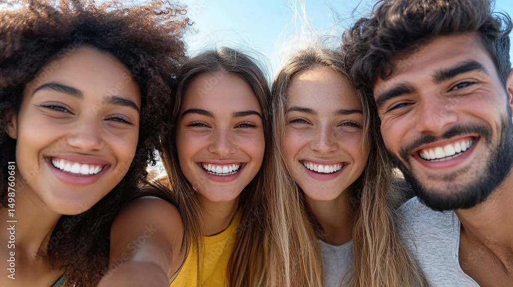 Fototapeta premium Group of friends from different backgrounds huddled together for a selfie at the beach. 