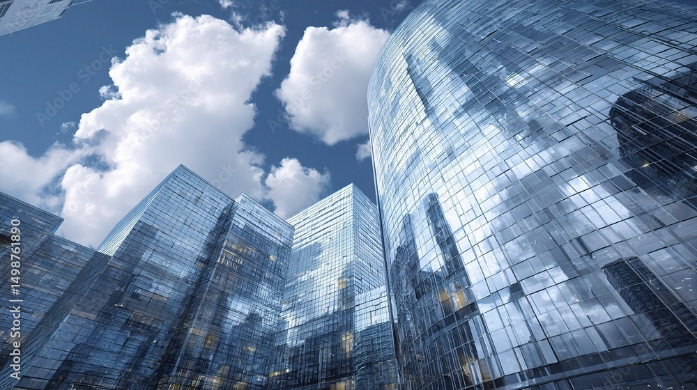 Naklejka premium Modern Urban Business Center with Glass Skyscrapers and Clouds