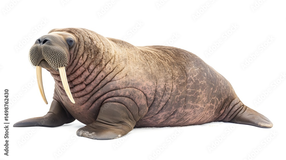 Fototapeta premium A walrus resting on the ground, showcasing its large tusks and whiskered face in a natural setting.