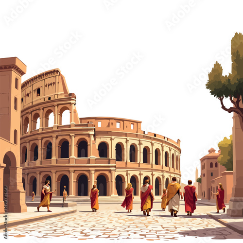 Vsai roman citizens walking towards the colosseum in ancient rome