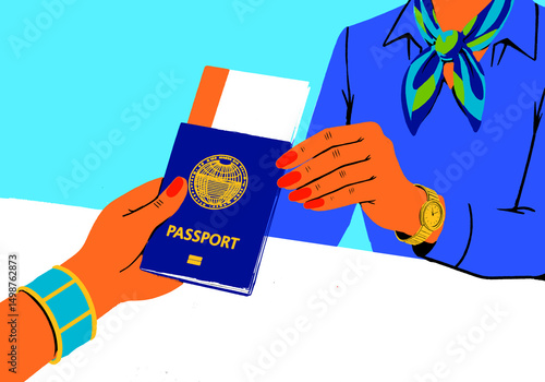 Illustration of a passport and ticket being handed over at an airport check-in desk