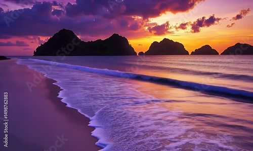 Serene sunset over a tranquil beach, waves gently lapping the shore, silhouetted islands on the horizon