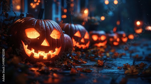 Row of illuminated carved pumpkins with menacing faces glowing warmly on a dark, wet pavement scattered with autumn leaves during evening