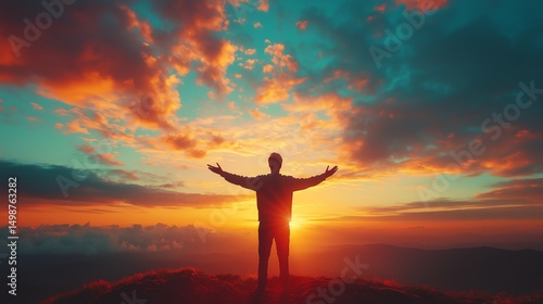 Happy Muslim man worshiping at sunrise, symbolizing self-praise, success, peace, and positive energy, minimalistic style with copy space