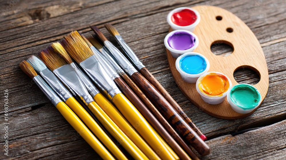 Naklejka premium Set of paintbrushes with yellow and brown handles wooden palette with five small containers of colorful paint including red purple blue orange and green rustic wooden surface ready for painting