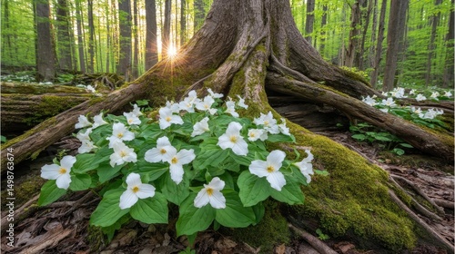 Enchanting Forest Floor with Flowering Trillium Blossoms