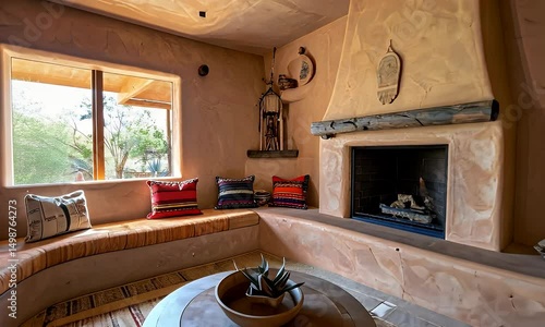 Southwestern-style living room with a built-in curved bench, fireplace, and wooden coffee table