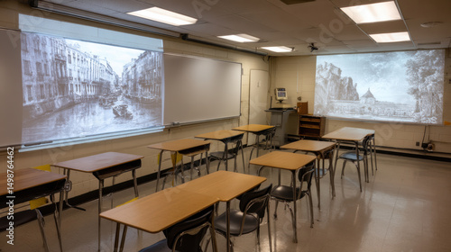 Wallpaper Mural Classroom with empty desks and chairs, two large projection screens displaying black and white images of cityscapes and landscapes, fluorescent ceiling lights, and whiteboard. room appears quiet Torontodigital.ca