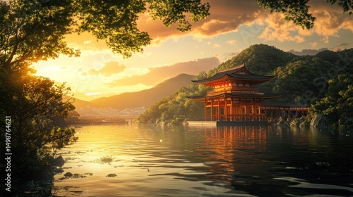 Tranquil sunrise over a serene Japanese temple by a lake. Lush greenery, golden sunlight, and a traditional temple architecture create a peaceful atmosphere