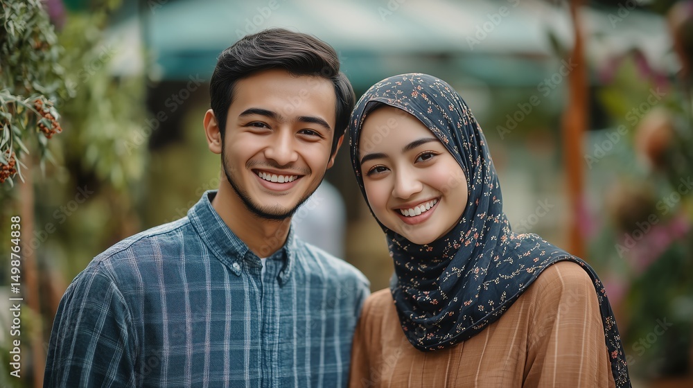 Two smiling Asian Muslims enjoying garden, peaceful minimalistic natural setting Two smiling Asian Muslims enjoying garden, peaceful minimalistic natural setting