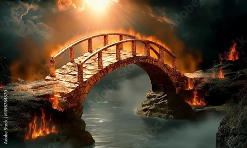 Stone bridge over fiery chasm, sunlit sky