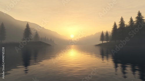 Peaceful sunrise over a misty lake