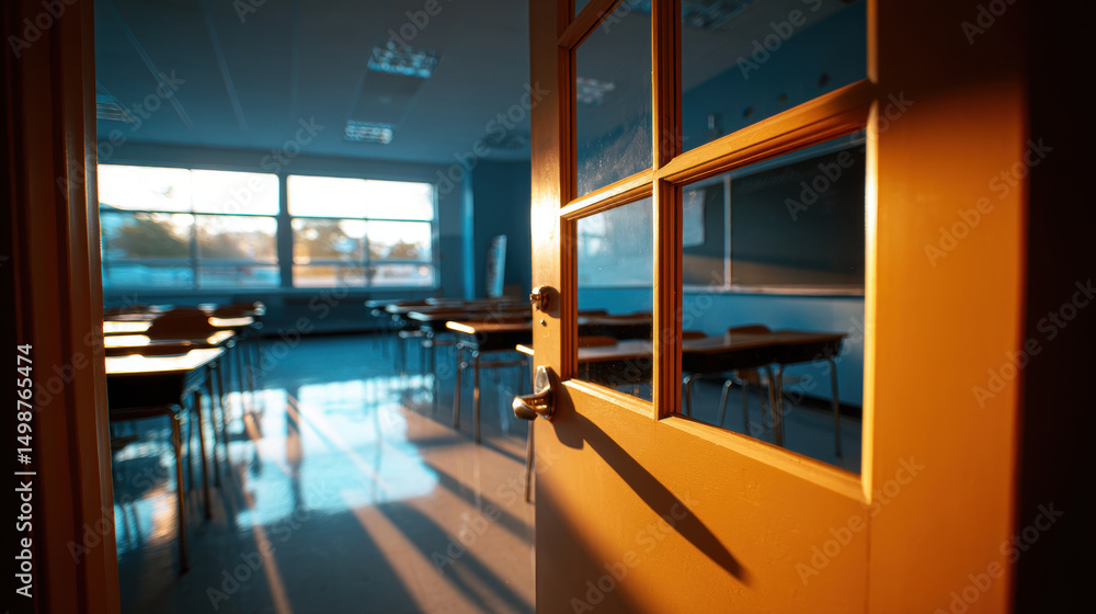 Empty classroom seen through open door during late afternoon with sunlight casting shadows inside, bright windows showing outdoor scenery, and rows of desks and chairs modern educational setting Empty classroom seen through open door during late afternoon with sunlight casting shadows inside, bright windows showing outdoor scenery, and rows of desks and chairs modern educational setting