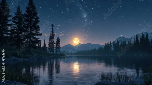 Serene mountain lake at night under a full moon.  Vast expanse of water reflecting the celestial body, surrounded by dark silhouettes of trees and peaks