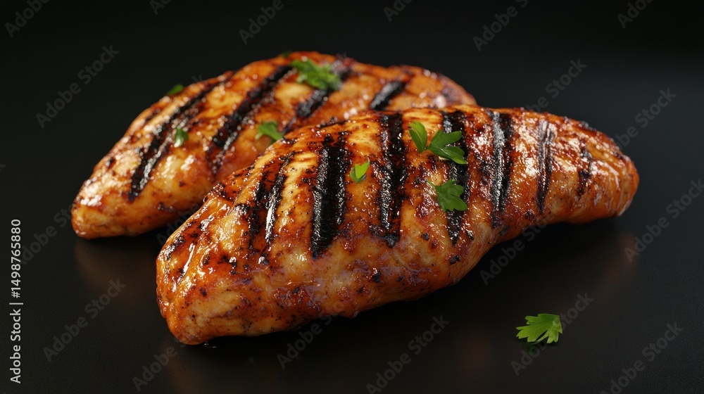 Two grilled chicken breasts, seasoned and garnished with fresh herbs, sit on a dark surface. Juicy and flavorful, the grilled chicken pieces are ready to be enjoyed Two grilled chicken breasts, seasoned and garnished with fresh herbs, sit on a dark surface. Juicy and flavorful, the grilled chicken pieces are ready to be enjoyed
