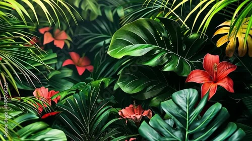 Wallpaper Mural Lush tropical jungle with vibrant red flowers and swaying green leaves. Video for nature, summer, wellness, or exotic travel themes. Seamless loop with gentle motion. Torontodigital.ca