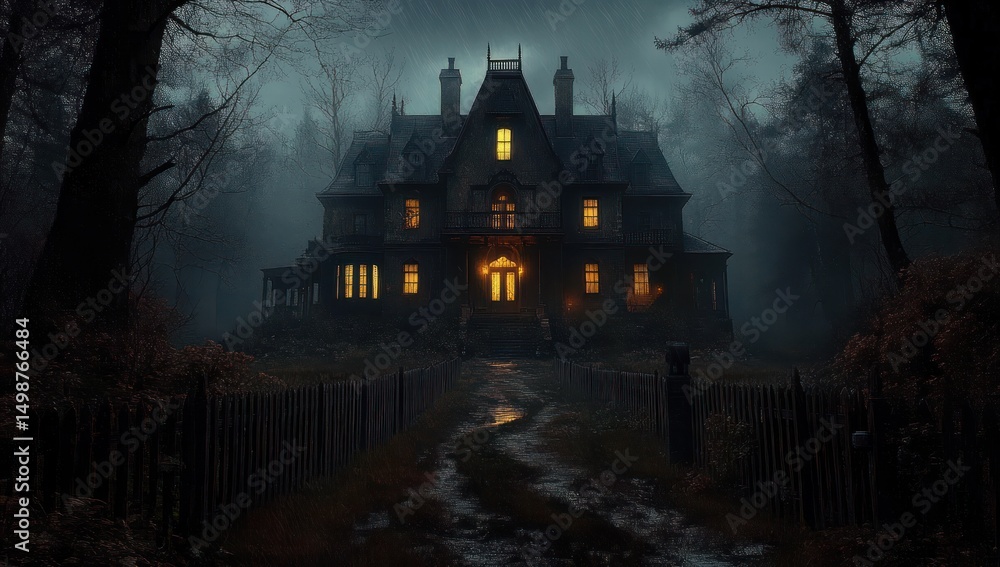 A large, old mansion with glowing yellow lights inside surrounded by tall, bare trees and a dark, misty forest, evoking a mysterious and eerie atmosphere at night A large, old mansion with glowing yellow lights inside surrounded by tall, bare trees and a dark, misty forest, evoking a mysterious and eerie atmosphere at night