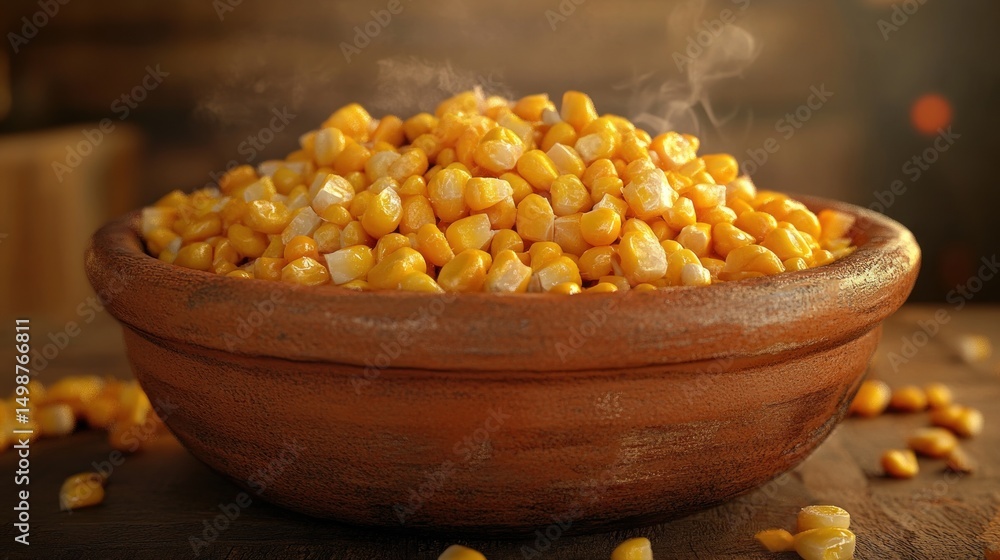 Steaming Corn Kernels in a Terracotta Bowl Steaming Corn Kernels in a Terracotta Bowl