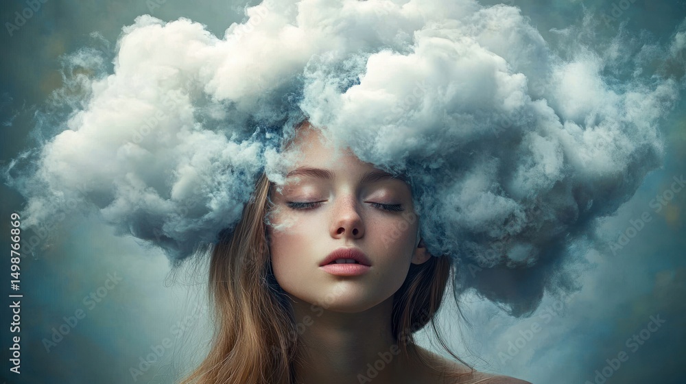 Young woman with closed eyes surrounded by large fluffy clouds blending into her hair expressing calm and introspection Young woman with closed eyes surrounded by large fluffy clouds blending into her hair expressing calm and introspection