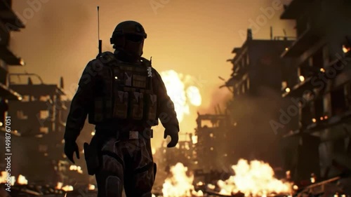 Wallpaper Mural Cinematic Soldier Walking Through Explosive War Zone – Urban Combat, Fire, and Destruction in Slow Motion Torontodigital.ca