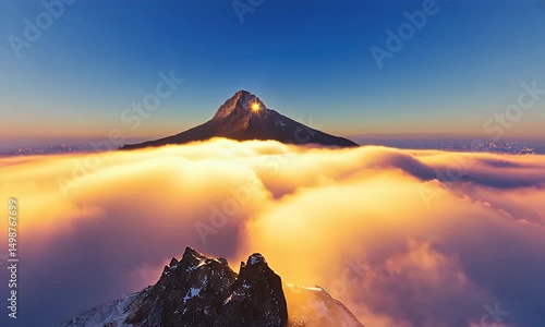 Sunrise paints a vibrant scene above a mountain range, casting golden rays through clouds, illuminating peaks and valleys