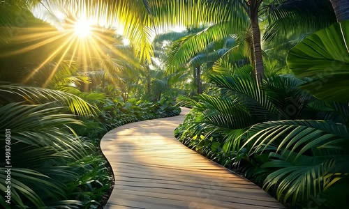 Sunlit wooden path winding through lush tropical foliage, creating a tranquil and serene atmosphere