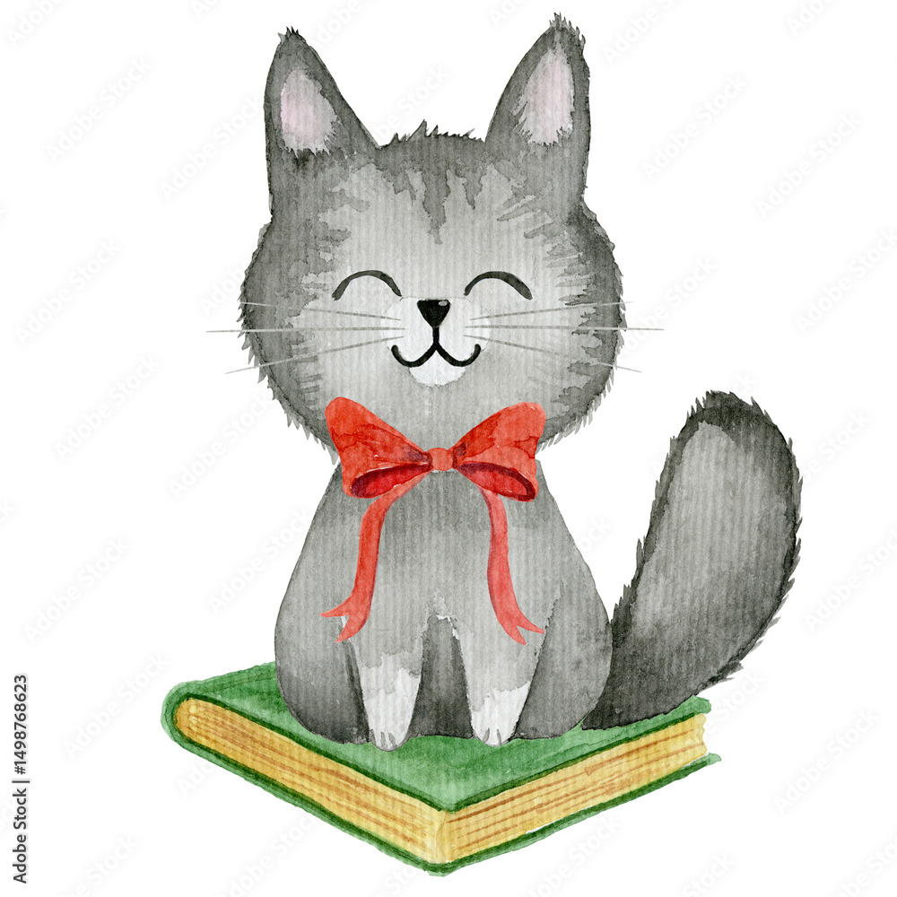 Obraz premium Watercolor Back to School Cat with Books and Glasses.Back to School.