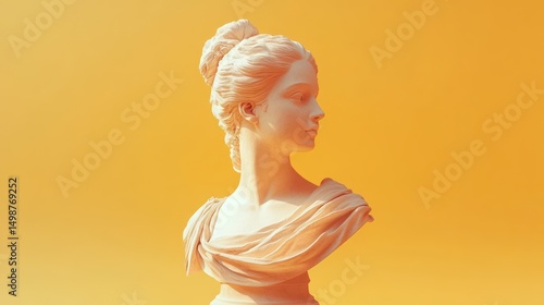 Classical bust statue of a young woman with intricate hair bun and draped clothing against a warm yellow background conveying calm and elegance
