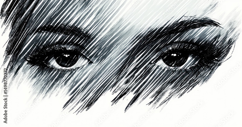 Fototapeta premium Black and white sketch of intense expressive eyes with detailed eyelashes and shading strokes conveying deep emotion