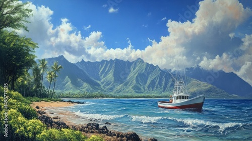 Tropical beach scene with fishing boat. Lush landscape, calm water, and sunny day